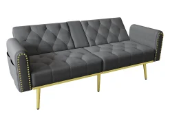 Sofá-cama de 2 lugares - 175 x 80 x 73,5 cm - 3 posições reclináveis e com porta-copos - veludo - cinza
