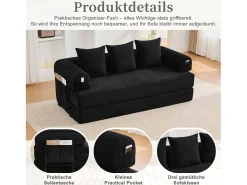 Sofá-cama de 3 lugares - 200 x 94 x 67 cm - com bolsos laterais + 3 almofadas - veludo - preto