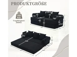 Sofá-cama de 3 lugares - 200 x 94 x 67 cm - com bolsos laterais + 3 almofadas - veludo - preto