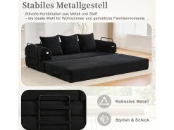 Sofá-cama de 3 lugares - 200 x 94 x 67 cm - com bolsos laterais + 3 almofadas - veludo - preto