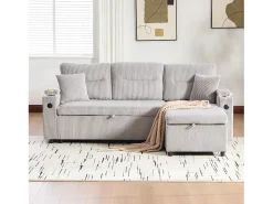 Sofá-cama de 3 lugares - 212,5 x 136 x 86 cm - com porta-copos + porta USB + espaço de armazenamento - sofá-cama retrátil - linho - cinza claro