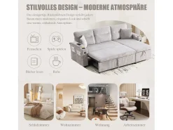Sofá-cama de 3 lugares - 212,5 x 136 x 86 cm - com porta-copos + porta USB + espaço de armazenamento - sofá-cama retrátil - linho - cinza claro