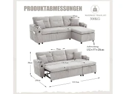 Sofá-cama de 3 lugares - 212,5 x 136 x 86 cm - com porta-copos + porta USB + espaço de armazenamento - sofá-cama retrátil - linho - cinza claro