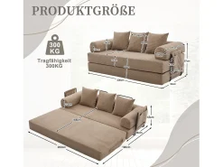 Sofá-cama de 3 lugares - 200 x 94 x 67 cm - com bolsos laterais + 3 almofadas - veludo - cáqui