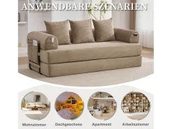 Sofá-cama de 3 lugares - 200 x 94 x 67 cm - com bolsos laterais + 3 almofadas - veludo - cáqui