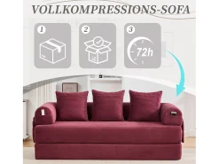 Sofá-cama de 3 lugares - 200 x 94 x 67 cm - com bolsos laterais + 3 almofadas - veludo - vermelho