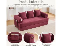 Sofá-cama de 3 lugares - 200 x 94 x 67 cm - com bolsos laterais + 3 almofadas - veludo - vermelho