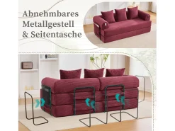Sofá-cama de 3 lugares - 200 x 94 x 67 cm - com bolsos laterais + 3 almofadas - veludo - vermelho