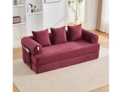 Sofá-cama de 3 lugares - 200 x 94 x 67 cm - com bolsos laterais + 3 almofadas - veludo - vermelho