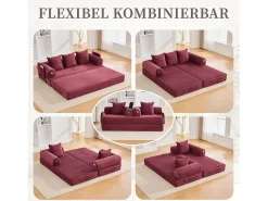 Sofá-cama de 3 lugares - 200 x 94 x 67 cm - com bolsos laterais + 3 almofadas - veludo - vermelho