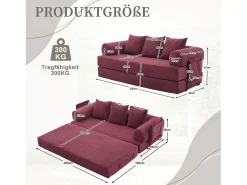 Sofá-cama de 3 lugares - 200 x 94 x 67 cm - com bolsos laterais + 3 almofadas - veludo - vermelho