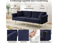 Sofá-cama de 2 lugares - 173 x 75 x 70 cm - Encosto ajustável em 3 posições + pés de metal dourado - veludo - azul escuro