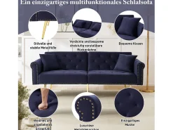 Sofá-cama de 2 lugares - 173 x 75 x 70 cm - Encosto ajustável em 3 posições + pés de metal dourado - veludo - azul escuro