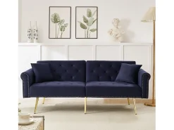 Sofá-cama de 2 lugares - 173 x 75 x 70 cm - Encosto ajustável em 3 posições + pés de metal dourado - veludo - azul escuro
