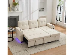 Sofá-cama de 3 lugares - 208 x 146 x 89,5 cm - com arrumação integrada + luzes LED - Tecido - bege