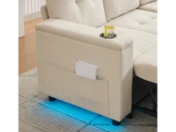 Sofá-cama de 3 lugares - 208 x 146 x 89,5 cm - com arrumação integrada + luzes LED - Tecido - bege