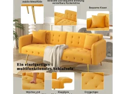 Sofá-cama de 2 lugares - 178 x 82 x 70 cm - com encosto e braços ajustáveis - veludo - Amarelo