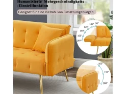 Sofá-cama de 2 lugares - 178 x 82 x 70 cm - com encosto e braços ajustáveis - veludo - Amarelo