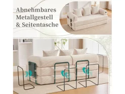 Sofá-cama de 3 lugares - 200 x 94 x 67 cm - com bolsos laterais + 3 almofadas - veludo - bege