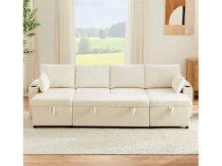 Sofá-cama de 4 lugares - 272 x 131 x 84 cm - com porta-copos + espaço de armazenamento + almofadas - veludo - bege