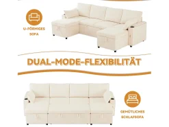 Sofá-cama de 4 lugares - 272 x 131 x 84 cm - com porta-copos + espaço de armazenamento + almofadas - veludo - bege