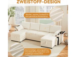 Sofá-cama de 4 lugares - 272 x 131 x 84 cm - com porta-copos + espaço de armazenamento + almofadas - veludo - bege