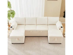 Sofá-cama de 4 lugares - 272 x 131 x 84 cm - com porta-copos + espaço de armazenamento + almofadas - veludo - bege
