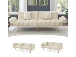 Sofá-cama de 2 lugares - 178 x 82 x 70 cm - com encosto e braços ajustáveis - veludo - bege