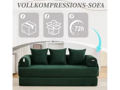 Sofá-cama de 3 lugares - 200 x 94 x 67 cm - com bolsos laterais + 3 almofadas - veludo - verde
