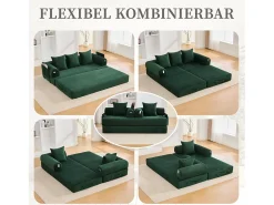Sofá-cama de 3 lugares - 200 x 94 x 67 cm - com bolsos laterais + 3 almofadas - veludo - verde