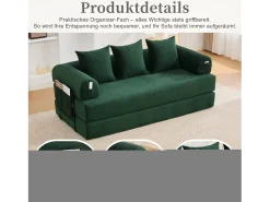 Sofá-cama de 3 lugares - 200 x 94 x 67 cm - com bolsos laterais + 3 almofadas - veludo - verde