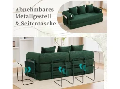 Sofá-cama de 3 lugares - 200 x 94 x 67 cm - com bolsos laterais + 3 almofadas - veludo - verde
