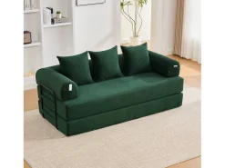 Sofá-cama de 3 lugares - 200 x 94 x 67 cm - com bolsos laterais + 3 almofadas - veludo - verde
