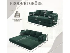 Sofá-cama de 3 lugares - 200 x 94 x 67 cm - com bolsos laterais + 3 almofadas - veludo - verde