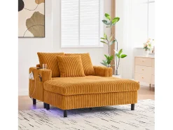 Sofá-cama de 3 lugares - 142 x 128 x 85 cm - com porta-copos + portas USB + LEDs - veludo - amarelo