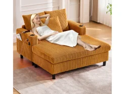 Sofá-cama de 3 lugares - 142 x 128 x 85 cm - com porta-copos + portas USB + LEDs - veludo - amarelo