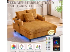 Sofá-cama de 3 lugares - 142 x 128 x 85 cm - com porta-copos + portas USB + LEDs - veludo - amarelo