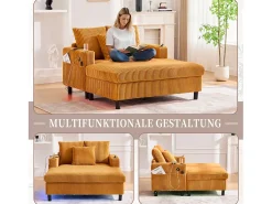 Sofá-cama de 3 lugares - 142 x 128 x 85 cm - com porta-copos + portas USB + LEDs - veludo - amarelo