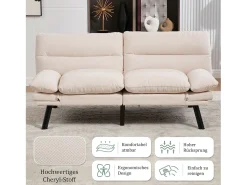 Sofá-cama de 2 lugares - 165 x 90 x 76 cm - com encosto e braços ajustáveis - Microfibra - bege