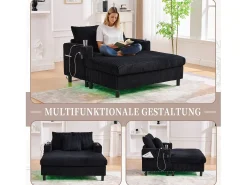 Sofá-cama de 3 lugares - 142 x 128 x 85 cm - com porta-copos + portas USB + LEDs - veludo - preto