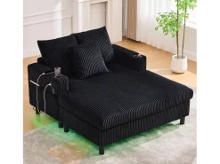 Sofá-cama de 3 lugares - 142 x 128 x 85 cm - com porta-copos + portas USB + LEDs - veludo - preto