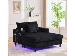 Sofá-cama de 3 lugares - 142 x 128 x 85 cm - com porta-copos + portas USB + LEDs - veludo - preto
