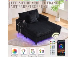 Sofá-cama de 3 lugares - 142 x 128 x 85 cm - com porta-copos + portas USB + LEDs - veludo - preto