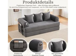 Sofá-cama de 3 lugares - 200 x 94 x 67 cm - com bolsos laterais + 3 almofadas - veludo - cinza escuro