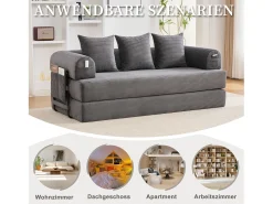 Sofá-cama de 3 lugares - 200 x 94 x 67 cm - com bolsos laterais + 3 almofadas - veludo - cinza escuro