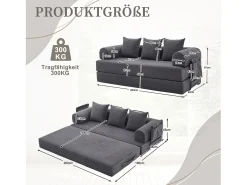 Sofá-cama de 3 lugares - 200 x 94 x 67 cm - com bolsos laterais + 3 almofadas - veludo - cinza escuro