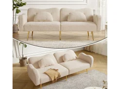Sofá-cama de 2 lugares - 175 x 79 x 82 cm - com encosto ajustável - pés de metal dourado - veludo - bege