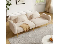 Sofá-cama de 2 lugares - 175 x 79 x 82 cm - com encosto ajustável - pés de metal dourado - veludo - bege