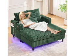 Sofá-cama de 3 lugares - 142 x 128 x 85 cm - com porta-copos + portas USB + LEDs - veludo - verde