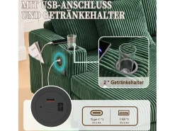 Sofá-cama de 3 lugares - 142 x 128 x 85 cm - com porta-copos + portas USB + LEDs - veludo - verde